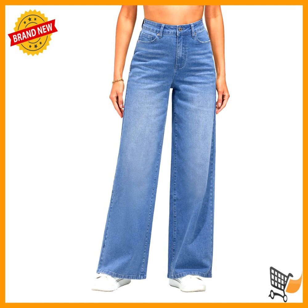 High Waisted Wide Leg Jeans Stretchy Denim Pockets Fashion - Picture 1 of 7
